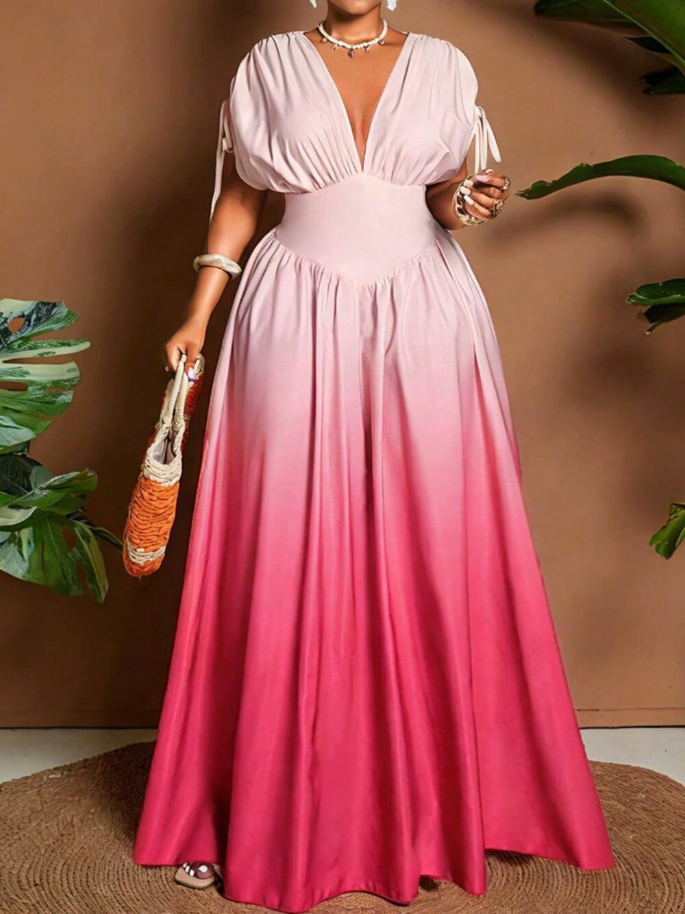Multicolor Casual Women's Plus Size Ombre Tie-Front V-Neck A-Line Maxi Dress - Picture 3 of 7